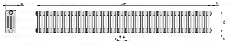 Схема (чертеж) Радиатор Zehnder Charleston 4030/49 №5410 Белый глянцевый RAL 9016